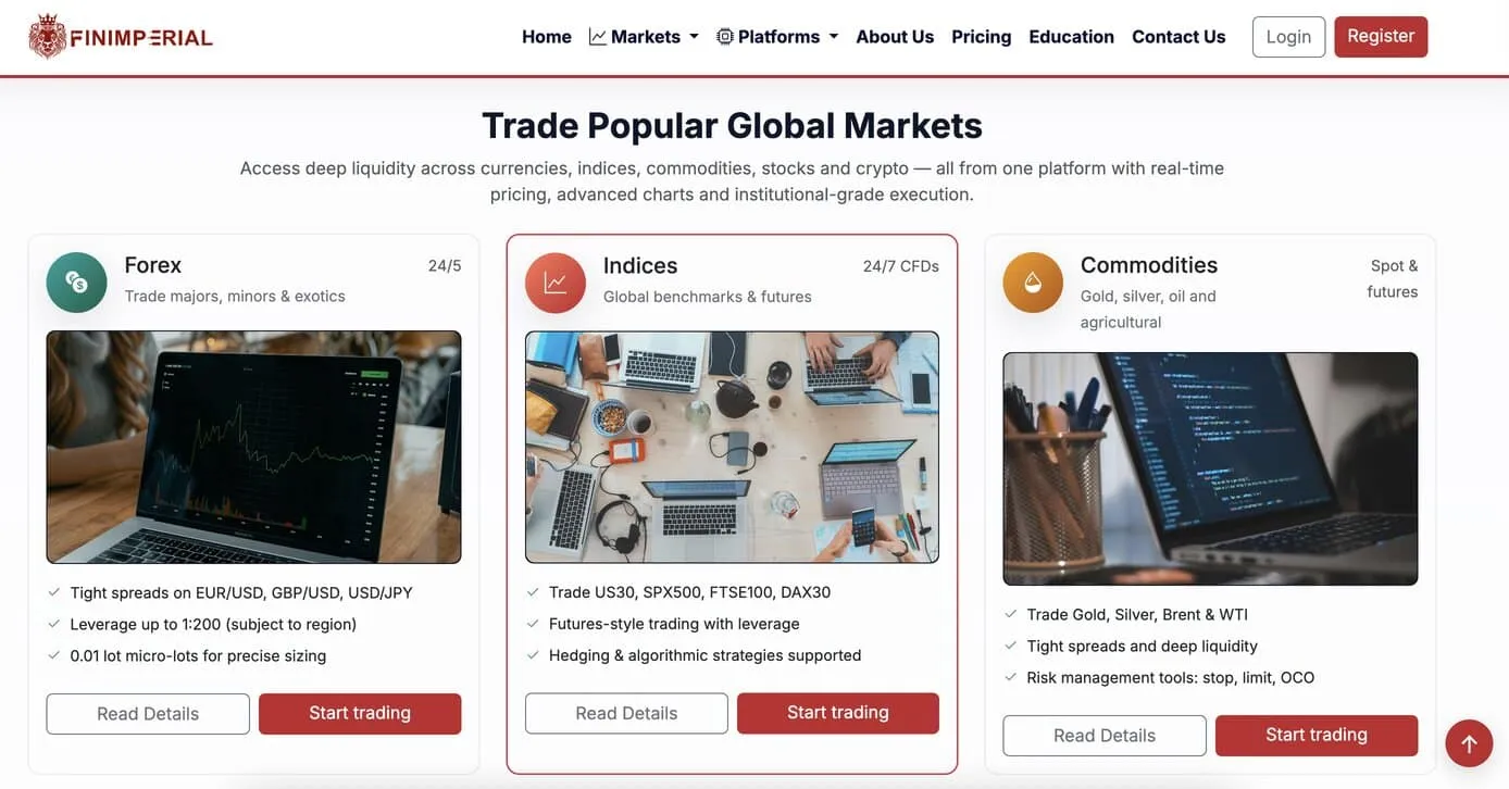 Finimperial home page screenshot